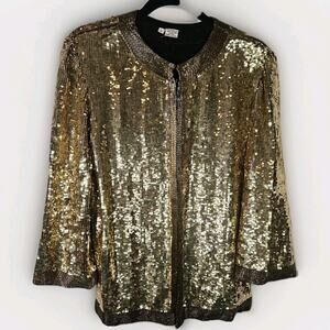 Vtg 80s Silk Gold Sequin Beaded Blazer Disco Glam Women Evening Jacket Festival